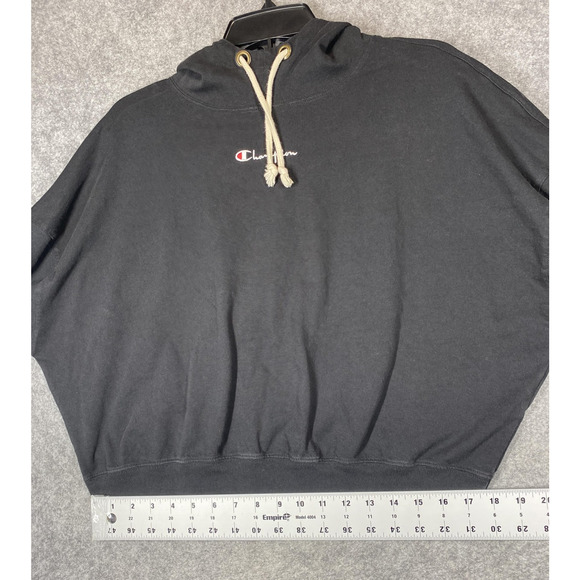 Champion Hoodie Womens Small Black Cropped Big Logo Sleeve Embroidered Oversized - Picture 3 of 14